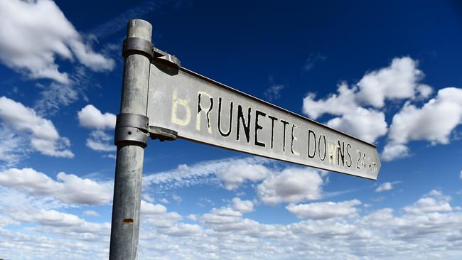 A sign pointing the way to Brunette Downs Station north of Tennant Creek in the Northern Territory.