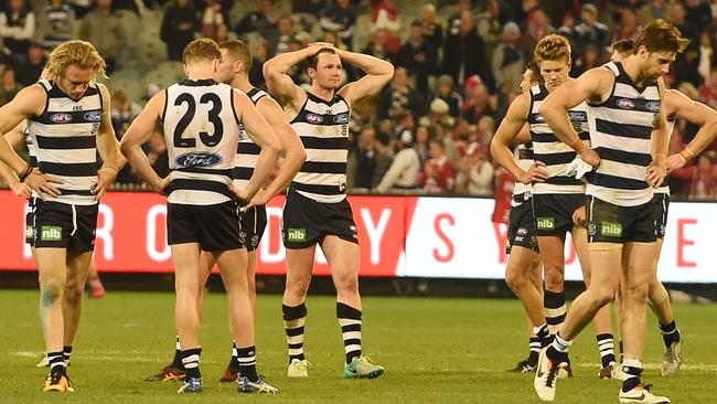 Geelong players react after losing their AFL preliminary final against Sydney. Picture: AAP