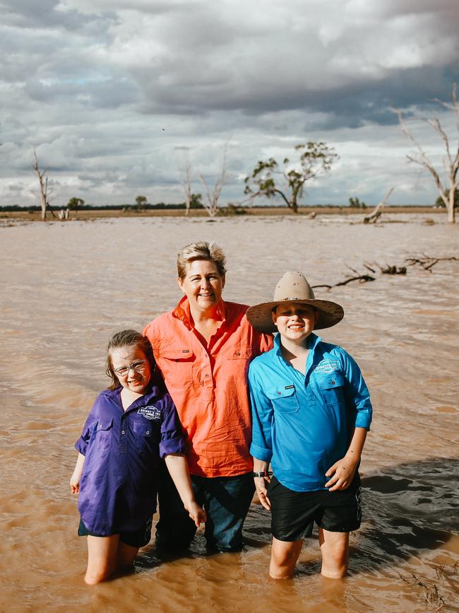 Janie Tink with her kids Darcy and Nelly on their NSW property. Picture: Clancy Paine