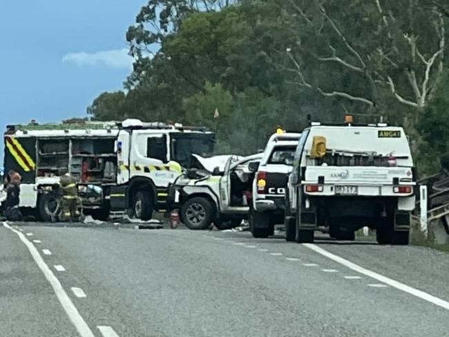 Aftermath of Peak Downs Highway crash outside the South Walker Creek mine which injured four people, including a woman who suffered potentially life threatening injuries on December 12, 2024. Picture: Supplied