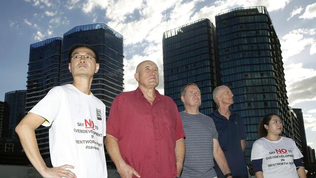 Wentworth Point residents Clement Lun, Parramatta councillor Paul Noack, Peter Corry, Mark Green and Elaine Shi. Picture: John Appleyard