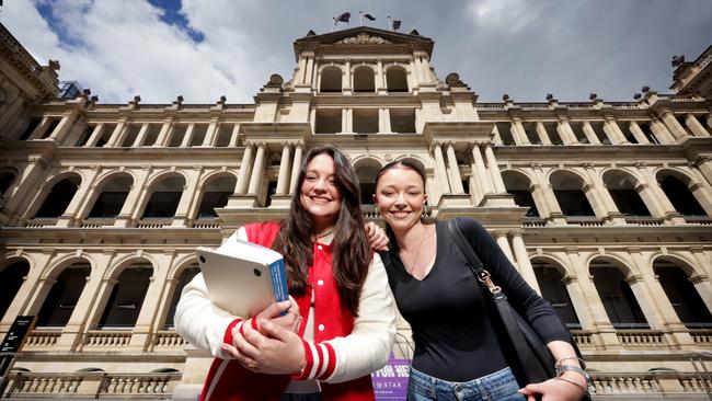 L to R, Emily Khan doing a Bachelor of Law (Honours)/International Relations & Political Science, with Caitlin McNee doing Bachelor of Advanced Political Science and International Relations (Honours), they are Students in Reddacliffe Place Brisbane, on Thursday September 5th 2024 - Photo Steve Pohlner