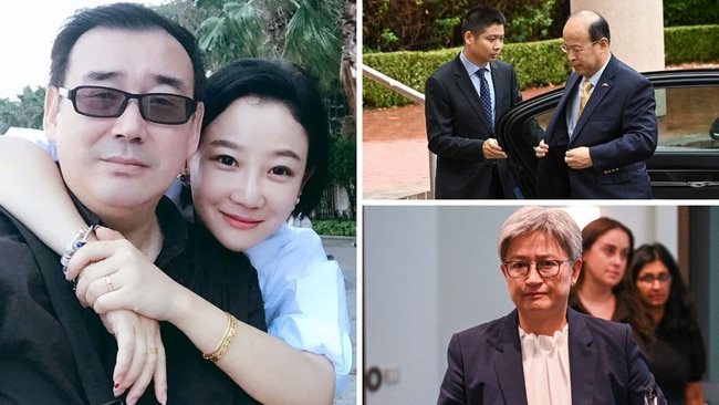 Yang Hengjun with his wife Yuan Xiaoliang, main, China's ambassador Xiao Qian arrives at DFAT in Canberra, top right, and Foreign Minister Penny Wong. Picture: NCA NewsWire / Martin Ollman