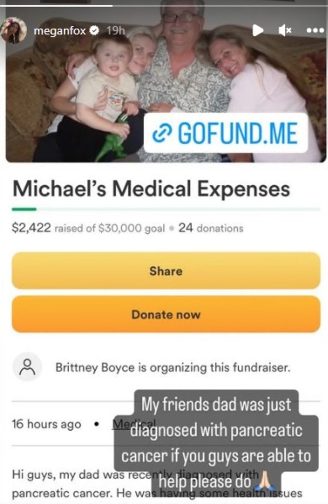 Megan Fox’s fans blasted her asking them to donate to her friend’s GoFundMe. Picture: Megan Fox/Instagram