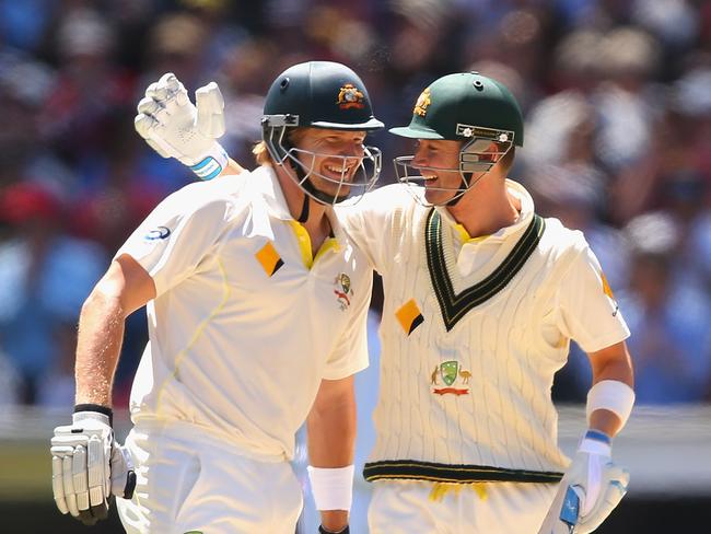 A happy moment between Shane Watson and Michael Clarke as they celebrate winning during day four of the Fourth Ashes Test Match between Australia and England in 2013. Picture: Quinn Rooney/Getty Images