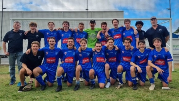 Stratford's unbeaten U18 team powered through to win four trophies in their sensational 2022 season. L-R Coach John Thomas, Lewis Rowell, Kai Chamarenko, Jeremy Ward (capt), Bailey Schwarz, Daniel O'Bern, Evan Meaden, Lincoln Moore, Billy Bakx, Jean Luc Cunsamy, Steve Moore. Front – Matthew Benn, Daniel Leibinger, Luca Govorko, Gareth Thomas, Cooper Wilesmith, Ben Collins, Nathan Munn, Ronan Freeman and Andrew Harris.