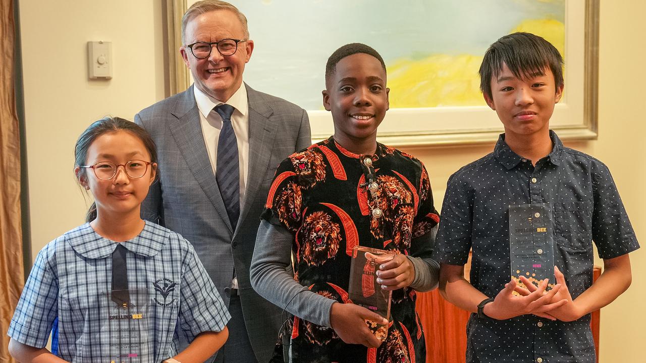 The 2022 Spelling Bee winners – Joanne Lee, Ozi Egesi and Zachary Cheng – meet Prime Minister Anthony Albanese in his private office in Parliament House.