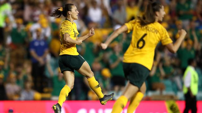 Matildas winger Hayley Raso celebrates scoring against New Zealand on Thursday night. Picture: Getty Images 