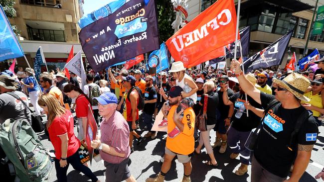 Queensland Unions and work protest march and listen to speakers in the Brisbane CBD, Brisbane Tuesday 20th November 2018 Picture AAP/David Clark