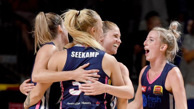 Adelaide Lightning players celebrate their semi-final clean sweep against Melbourne Boomers at Titanium Security Arena. Picture: Naomi Jellicoe