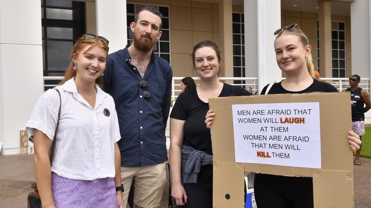 Rhiannon McGlinn, Nicola Wright, Jesse Wilson, Zara O'Sullivan at the Darwin No More Violence rally at Parliament House, 2024. Picture: Sierra Haigh