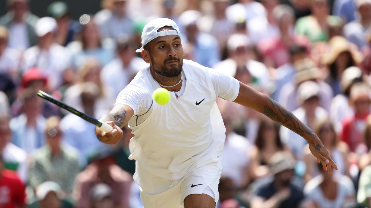 Nick Kyrgios plays a forehand against Brandon Nakashima at Wimbledon (Photo by Clive Brunskill/Getty Images)