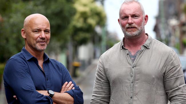 Former NSW and AFP Special Operations officer Jason Semple (R) talks to Gary Jubelin about the time he was stabbed in the line of duty and lost his colleague Peter Forsyth who was also stabbed in the same incident. Picture: Toby Zerna