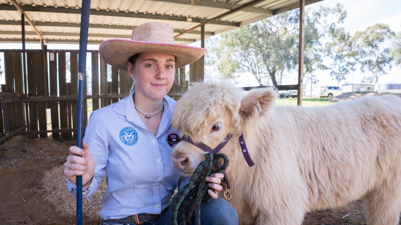 Oakey State High student Skye Rose with a 10 week old Highland cow at Farm Fest. June 4, 2024. Picture: Christine Schindler