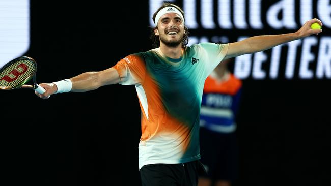 Stefanos Tsitsipas celebrates after his epic win. Picture: Getty Images