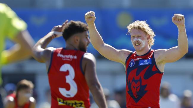PERTH, AUSTRALIA - MARCH 02: Clayton Oliver of the Demons celebrates a goal during the 2025 AAMI AFL Community Series match between Fremantle Dockers and Melbourne Demons at Rushton Park on March 02, 2025 in Mandurah, Australia. (Photo by James Worsfold/AFL Photos/via Getty Images)