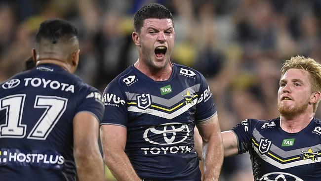 TOWNSVILLE, AUSTRALIA - JUNE 16: Chad Townsend of the Cowboys celebrates after kicking a field goal during the round 16 NRL match between North Queensland Cowboys and Penrith Panthers at Qld Country Bank Stadium on June 16, 2023 in Townsville, Australia. (Photo by Ian Hitchcock/Getty Images)