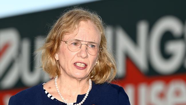 Dr Jeannette Young speaks at a Bunnings Store. The Queensland state government is hosting pop-up vaccination clinics at Bunnings stores around the state this weekend to increase access to the COVID-19 vaccine. (Photo by Bradley Kanaris/Getty Images)