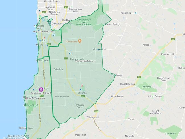 The proposed new high school zones. Aldinga B-17 is shaded in the lower left.