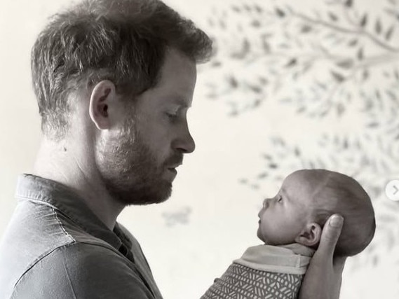 Prince Harry holds his newborn daughter Lilibet. Picture: Instagram