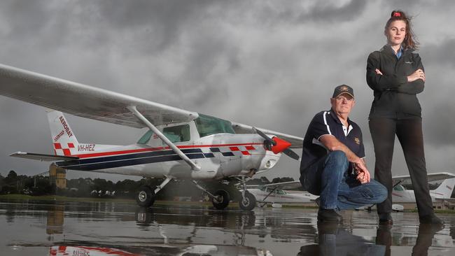 Peninsula Aero Club President Jack Vevers and Flying Instructor Grace Perrin on the tarmac. Picture: Alex Coppel