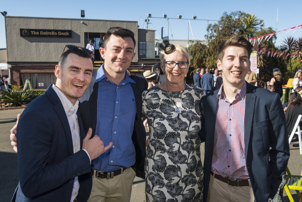 Enjoying the races are (from left) Sam Carmody, Zac Alexander, Kaylene Bruggemann and Benjamin Bruggemann at Weetwood 2020 at Clifford Park, Saturday, September 26, 2020. Picture: Kevin Farmer