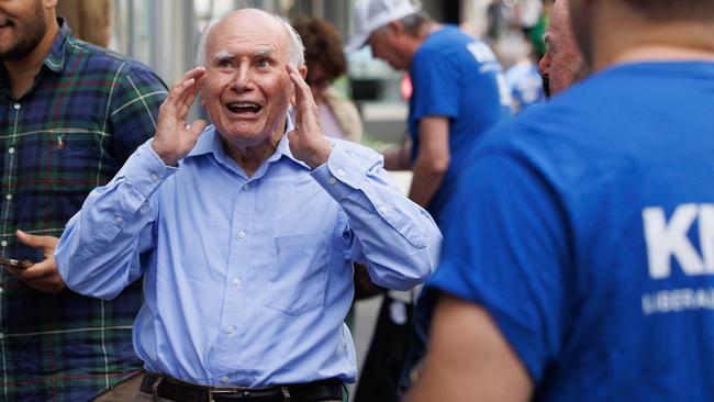 Former prime minister John Howard showed in Bondi Junction to lend support for the Liberal candidate for Wentworth, Ro Knox. Picture: NewsWire/ Tim Pascoe