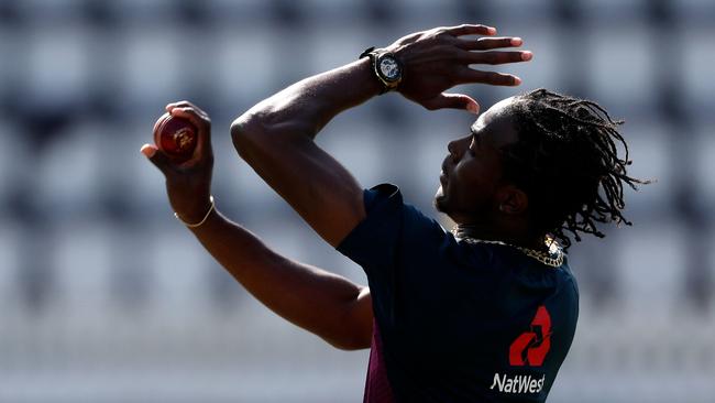 England's Jofra Archer bowls during a training session at Lord's ahead of the second Ashes cricket Test match between England and Australia. Picture: Adrian Dennis/AFP