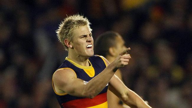 David Mackay shows off his trademark finger point celebration in the elimination final against Essendon in 2009. Picture: Michael Klein