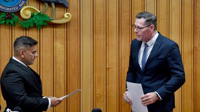 The investiture of newly elected Townsville City Councillors at the council chambers. Townsville City Council CEO Prins Ralston and Mayor Troy Thompson. Picture: Evan Morgan