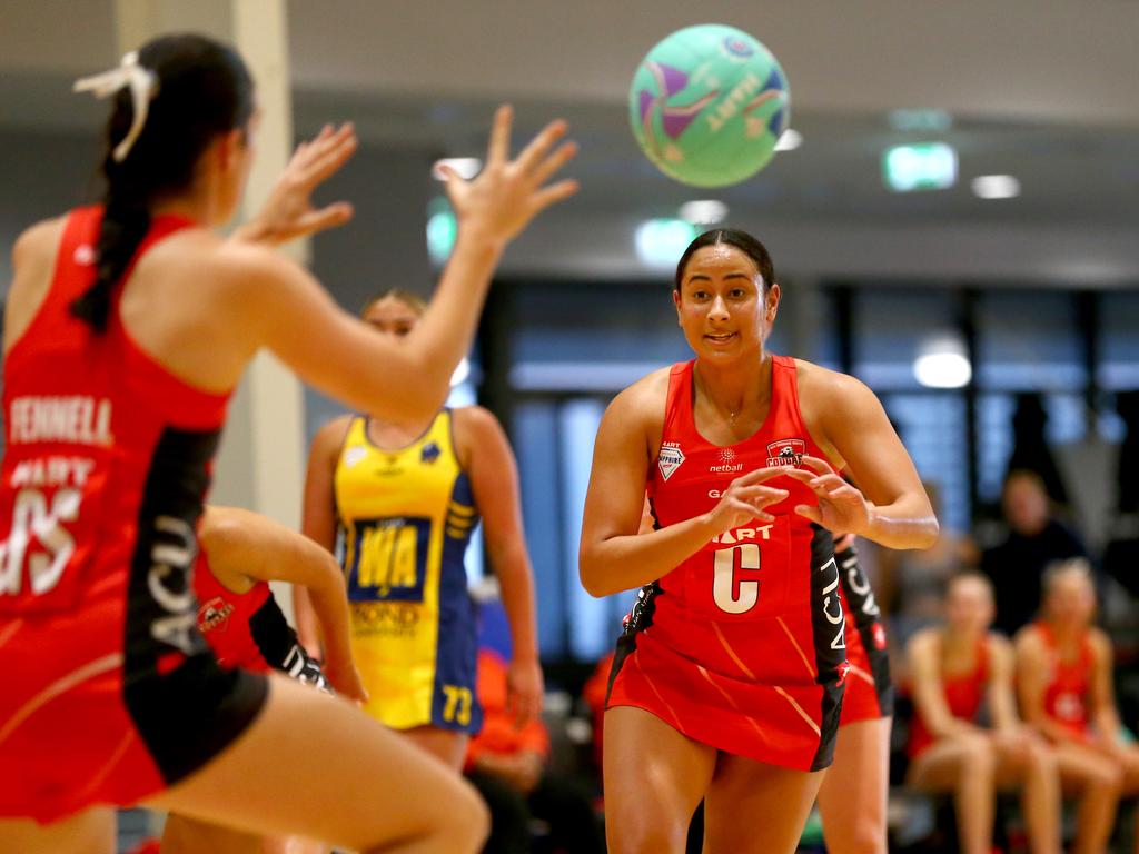 Jayden Molo (red C) playing for the Brisbane North Cougars Sapphire Series (Ruby) side, 2023