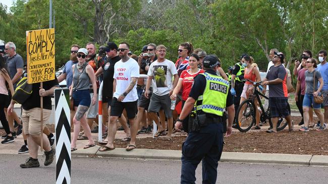 A protest against Covid vaccine and mandate by NT Government Pictures Julianne Osborne