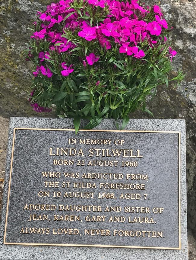 The plaque placed where murder victim Linda Stilwell, 7, was abducted from on the St Kilda foreshore in 1968. Her body has never been found. A coroner found sex monster Derek Percy did it.