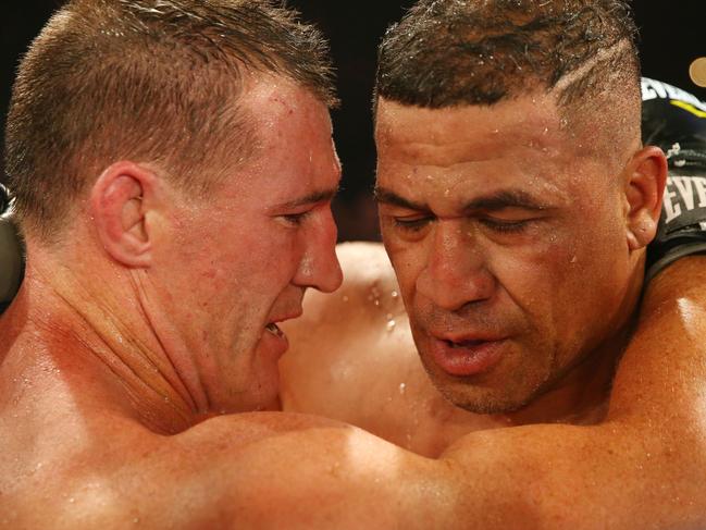 Paul Gallen embraces John Hopoate after the Star of the Ring III Charity Fight Night at Hordern Pavilion in February, 2019. Picture: Jason McCawley/Getty Images)