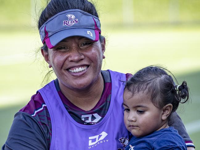 Queensland women's rugby player Hilisha Samoa with one-year-old daughter Monica