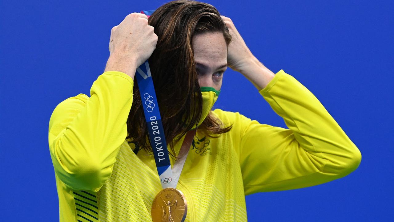 An emotional Cate Campbell receives her bronze medal.