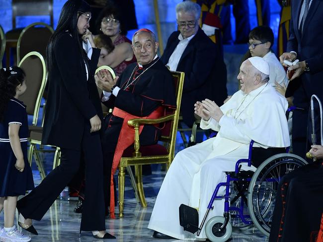 Pope Francis stayed seated in a wheelchair during the Festival of Families in The Vatican. Picture: AFP