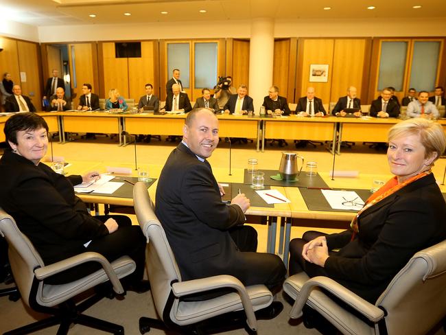 Energy Minister Josh Frydenberg with Business Council of Australia chief Executive Jennifer Westacott and Minerals Council of Australia chair Vanessa Guthrie and other Business leaders. Picture Kym Smith