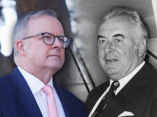 NEW VERSION 22 November 2024; A photo comp of Anthony Albanese and Gough Whitlam. Source: Nikki Davis-Jones and Getty. Collage. Ratio 4:3.