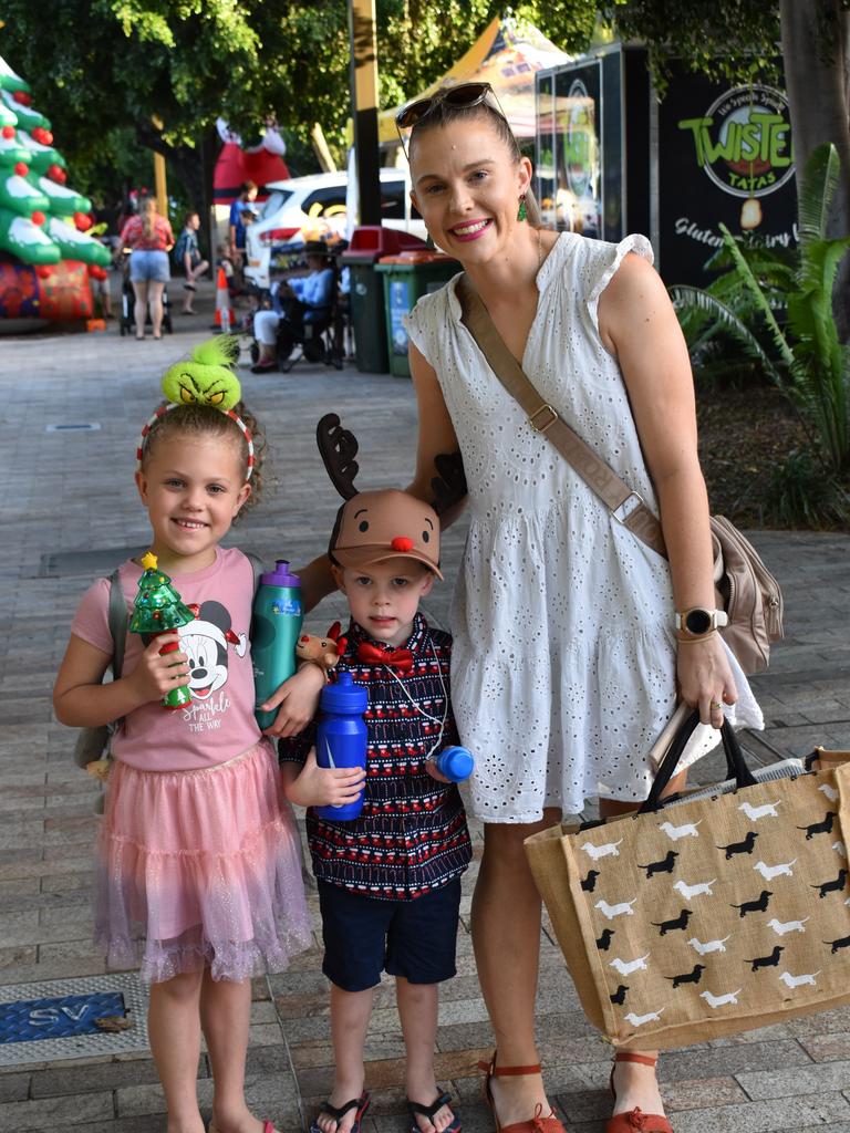 Kasey, Mia and Jackson Bonato at the CBD Christmas Fair in Rockhampton on December 3, 2022.