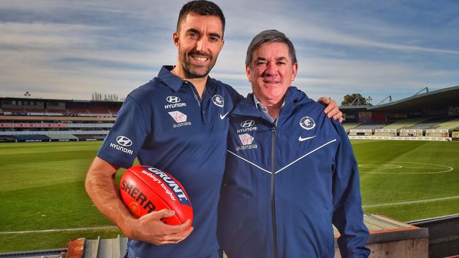 Carlton 300-gamer Kade Simpson and Shane O’Sullivan, who recruited him at Ikon Park. Picture: Tony Gough