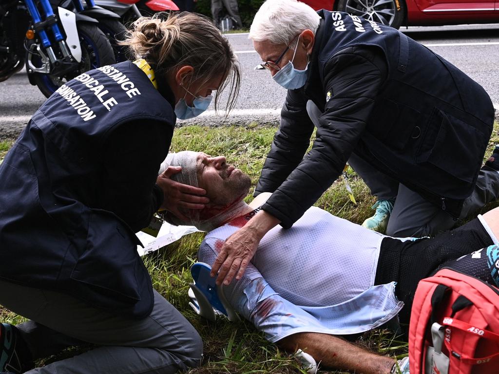 Cyril Lemoine was badly hurt. (Photo by Anne-Christine POUJOULAT / various sources / AFP)