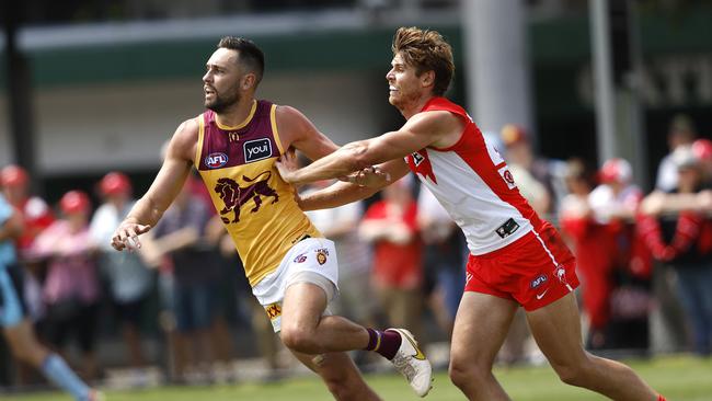 Jack Gunston in his first hitout in a Brisbane jumper against Sydney. Picture: Phil Hillyard