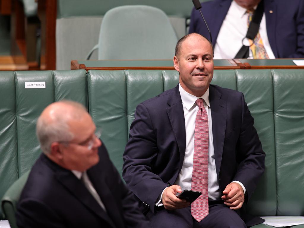 Josh Frydenberg with Prime Minister Scott Morrison during Question Time in the House of Representatives in Parliament House Canberra. Picture: NCA NewsWire / Gary Ramage