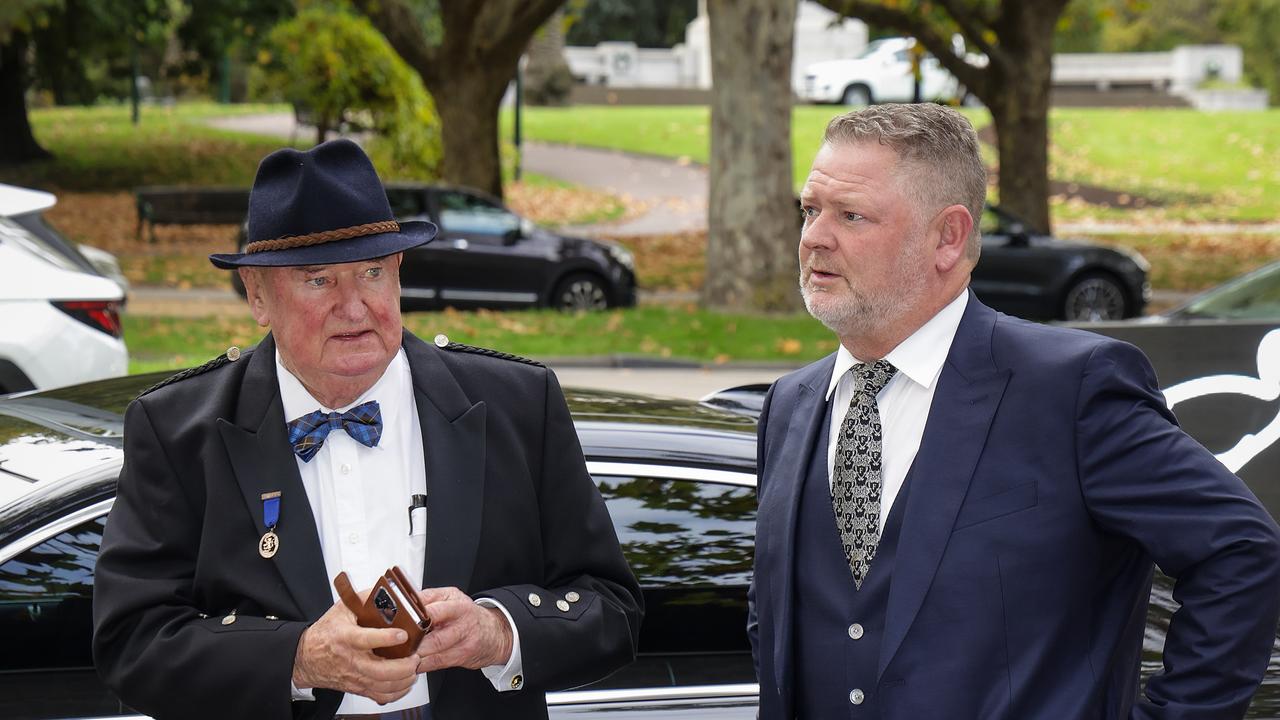 Guests arrive at the National Gallery Victoria for celebrations of trucking magnate Lindsay Fox who turns 86yrs. Lindsay Fox arrives with his son David. Picture: Ian Currie