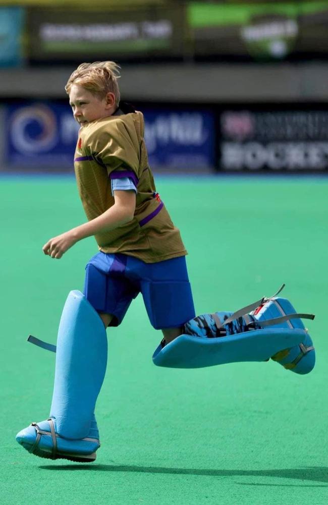 Oscar Woods in action at the 2022 Hockey Australia U13 championships in Hobart.