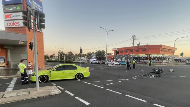 The motorcyclist riding a Kawasaki motorcycle collided with a Ford Falcon at the intersection of Maryborough and George Streets around 3.15pm on Thursday.