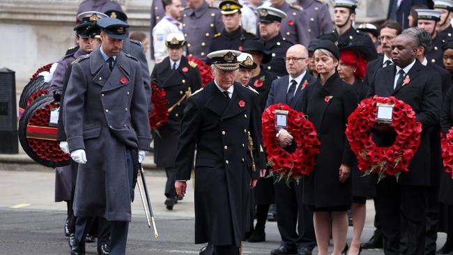 Prince William, King Charles III and just behind, Anne, Princess Royal, during the National Service of Remembrance at The Cenotaph in London on Sunday. Picture: Chris Jackson/Getty Images