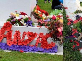 'DISGUSTING': Before and after the floral tributes placed at the Imbil cenotaph was trashed by a group of kids over the weekend. Picture: Contributed