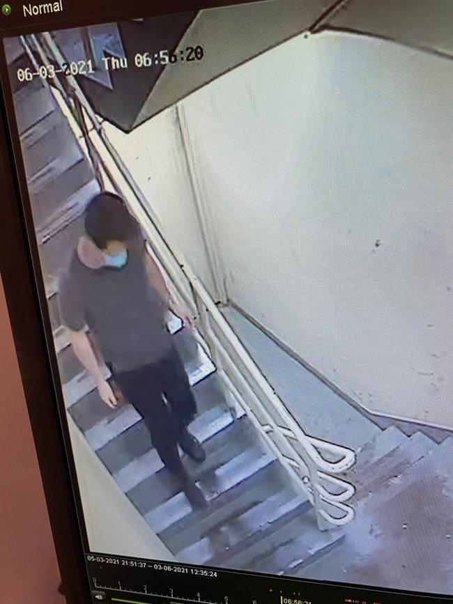 CCTV of the stairwell used by hotel quarantine staff and residents to exit 408 Lonsdale St via the building’s foyer and mail room and onto Hardware Lane.